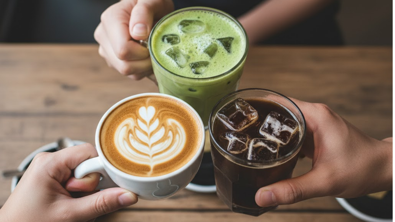 Foto ketiga anak muda sedang santai di cafe